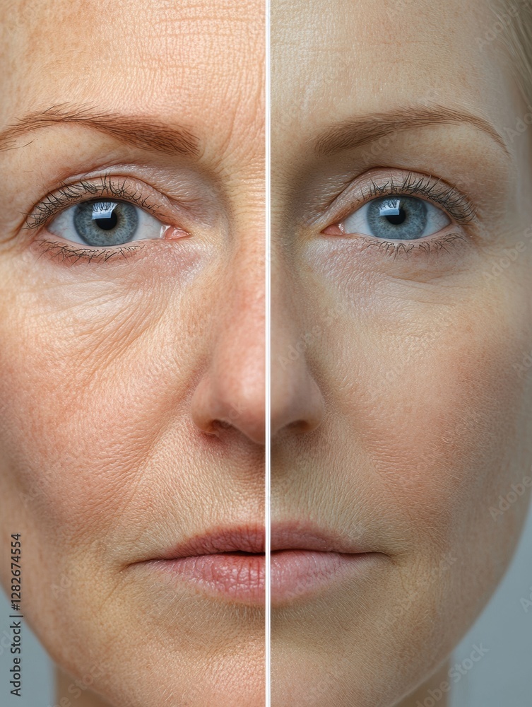Poster transformation of an aged face into youthful skin showcasing changes in appearance over time and ski