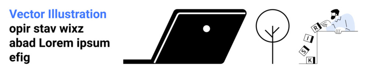 Laptop silhouette, abstract tree, person stacking alphabet blocks, emphasizing creativity, technology, education, balance, communication minimalism. Ideal for design learning focus digital work
