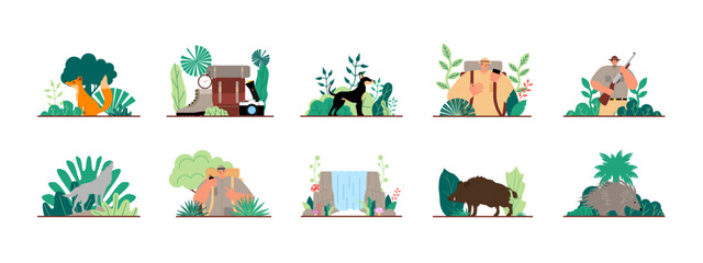 Fototapeta premium Jungle set illustration. Flat vector illustration concept.