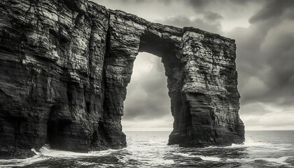 Dramatic sea arch, coastal rock formation, stormy sky, ocean waves