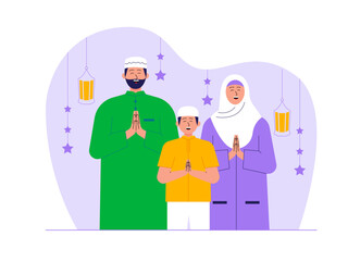 Muslim family wishes on ramadan Illustration. Eid illustration. Flat vector illustration concept