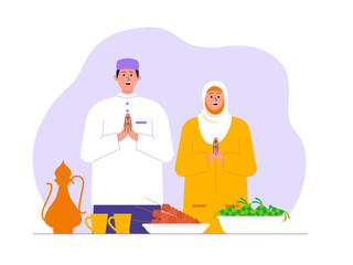 Muslim couple having iftar Illustration. Eid illustration. Flat vector illustration concept
