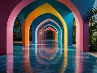 Surreal and immersive architecture with colorful arched doorways. Generative AI.