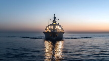 Obraz premium A photo of a heavily armed naval cruiser with onboard lights glowing and reflecting on the calm waters at dusk The powerful warship stands out against the darkening sky