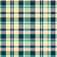 Obraz premium This is a calming and versatile plaid pattern featuring a grid of intersecting lines in soft shades of beige, teal, green, and gray.