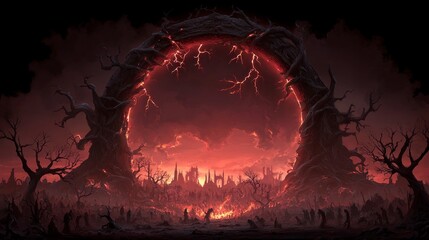 Infernal Archway  Burning Cityscape  Dark Fantasy  Apocalyptic Landscape
