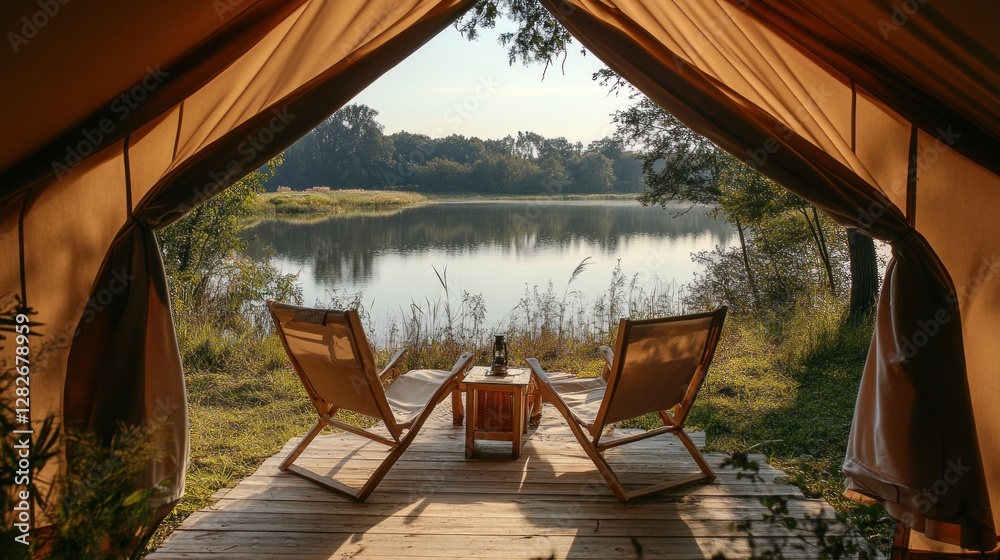 Poster calm lake view from inside a luxury tent with two chairs and a small table on a wooden deck.