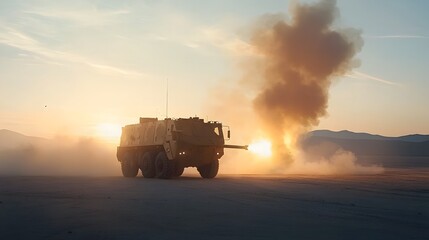 Fototapeta premium A photo of a state of the art self propelled artillery system firing a round at sunset with smoke and flames erupting from the muzzle of the cannon