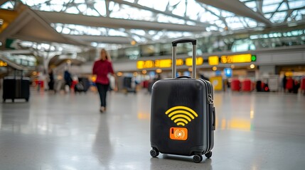 A photo of a smart luggage tag with a GPS signal icon symbolizing the convenience and efficiency of real time baggage tracking technology for modern travelers