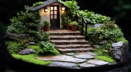 Miniature Cottage Garden  Rain  Stone Path  Lush Greenery  Plants  Flowers  Steps  House