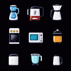 Cartoon kitchen appliances on a black background: coffee makers and oven