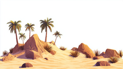 Illustration of arabian desert with small rocks and palm trees on white background