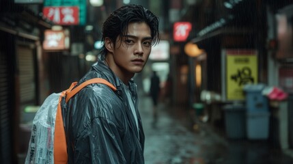 Fototapeta premium Rainy Night City Asian Man in Oversized Jacket