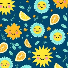Obraz premium Image Description This is a whimsical and charming seamless pattern featuring cute smiling suns, flowers with smiley faces, and lemon slices on a dark blue background. 