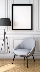 Modern Living Room with Patterned Armchair and Blank Frame
