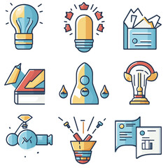 Icon set representing innovation, analysis, and strategic decision making.