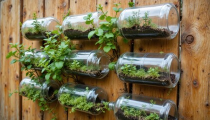 Creative Vertical Garden Display with Glass Jars on Rustic Wooden Wall for Home Decor Ideas