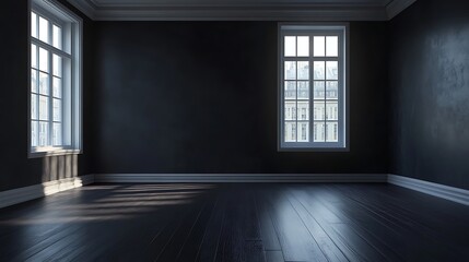 Obraz premium Empty Room with Dark Walls and Sunlight Streaming Through Windows