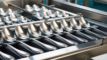A production line featuring organized silverware in a spoon factory assembly process.