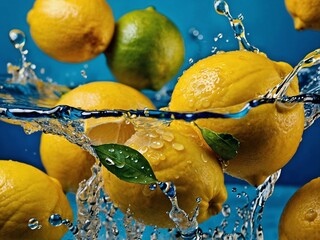 A refreshing scene of bright yellow lemons splashing into water. Generative AI.
