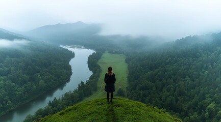 Woman Hiking Scenic River Valley Mountain Vista