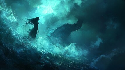 Woman Facing a Sea Dragon in a Stormy Ocean - Fantasy Art