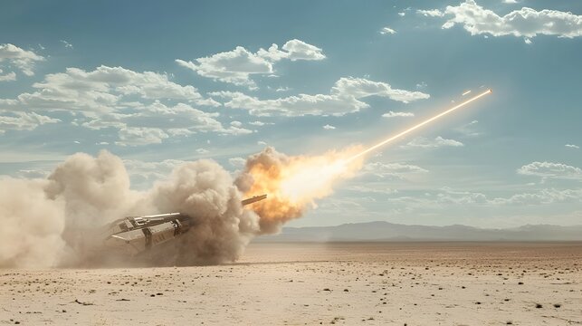 A powerful railgun equipped combat vehicle firing an energy projectile in a futuristic battle scenario with smoke clouds and a desert landscape in the background