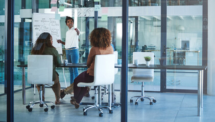 Whiteboard, business woman and presentation with question for marketing, ads or campaign strategy. Meeting, training and leader in workshop for coaching, brand promotion or creative answer in startup