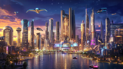Fototapeta premium Illustration of futuristic cityscape at night with neon lights and towering skyscrapers