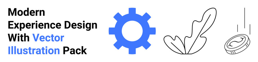 Gear in blue, abstract leaf, and coin in motion represent creativity, work process, growth, innovation, sustainability, productivity and user interface ideas. Ideal for flat landing page banner