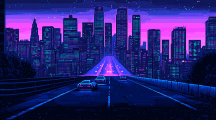 Illustration of futuristic cityscape at night with neon lights and towering skyscrapers
