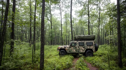 A stealthy heavily camouflaged reconnaissance vehicle hidden deep within a dense forest environment blending seamlessly with the surrounding nature and terrain for covert and tactical maneuvers