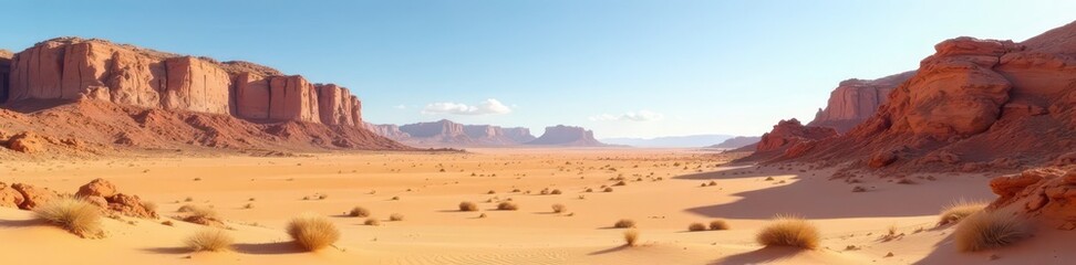 Fototapeta premium Dry desert landscape with rocky outcrops and sandy dunes , terrain, landscape