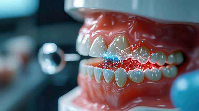 futuristic AI powered dental examination showcases transparent holographic interface analyzing teeth
