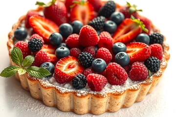 Fresh berry tart with strawberries, blueberries, and raspberries on white background