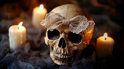 Gothic Skull with Intricate Lace Detailing on Dark Mysterious Background