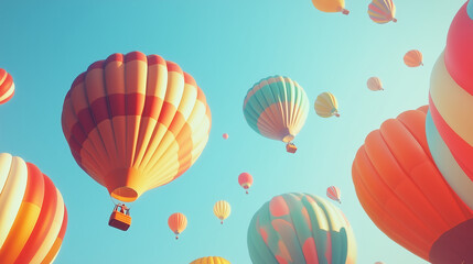 Illustration of colorful hot air balloon festival with balloons floating in a clear blue sky.