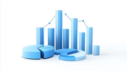3D Render of Blue Charts and Graphs Showing Business Data and Financial Performance