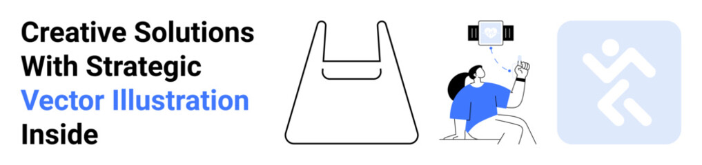 Abstract design bag, person filming with camera, blue creative logo. Ideal for branding, marketing, technology, digital media, e-commerce, advertising design inspiration flat landing page banner