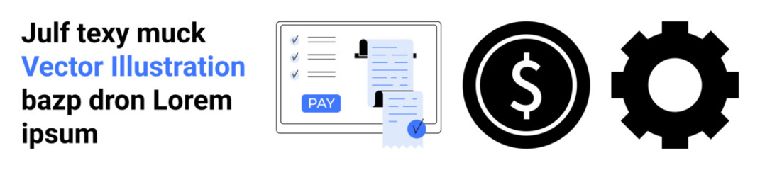Invoice with details and payment button, dollar sign for currency, gear for settings or operations. Ideal for finance, business, transactions, money management, e-commerce, payment systems