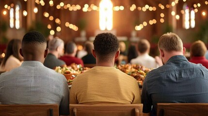 Community gatherings in a church hall Concept, Diverse Group of People Seated in Church Hall Enjoying Community Gathering with Food and Warm Atmosphere