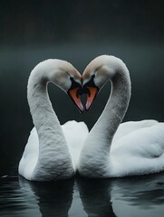 Fototapeta premium Swans in love, heart shape, water, misty background