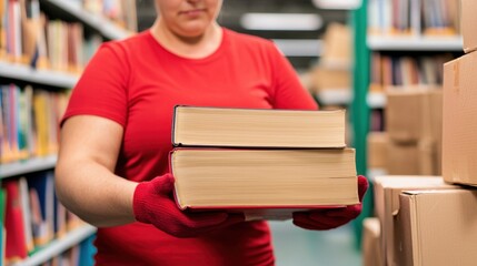 Community gatherings in a church hall Concept, Volunteer Organizing Books for Community Drive in Library Hall