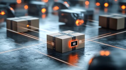 Close up view of a delivery package with an RFID tag surrounded by scanning beams representing the automation and digitization of logistics and supply chain in a modern commercial environment