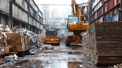 Fototapeta premium Cardboard recycling plant with machinery moving and stacking bales of compressed cardboard.