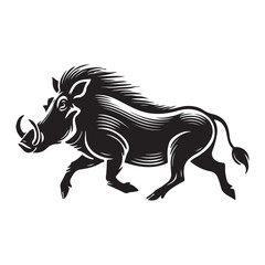 Warthog trotting Silhouette Vector Illustration, Solid White Background.