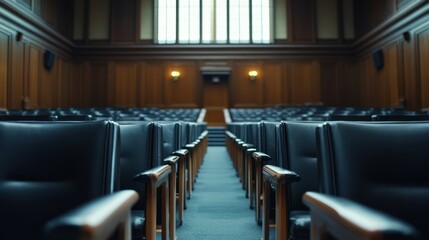 A legislative hall with black leather chairs and stainless steel accents. Featuring sophistication and authority