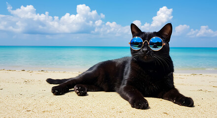 Obraz premium Cool Black Cat in Sunglasses on a Sunny Beach