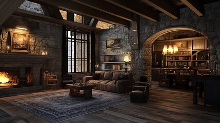 Cozy Stone Cottage Living Room Interior Design