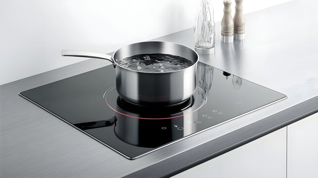 Closeup of a modern minimalist induction cooktop with a smooth glass surface heating a pot of boiling water with no visible flame showcasing the advanced and energy efficient cooking technology
